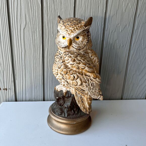 VTG 1973 Hand-Painted Ceramic Owl Sculpture Signed Artist Gold Base Retro Decor - Picture 7 of 9